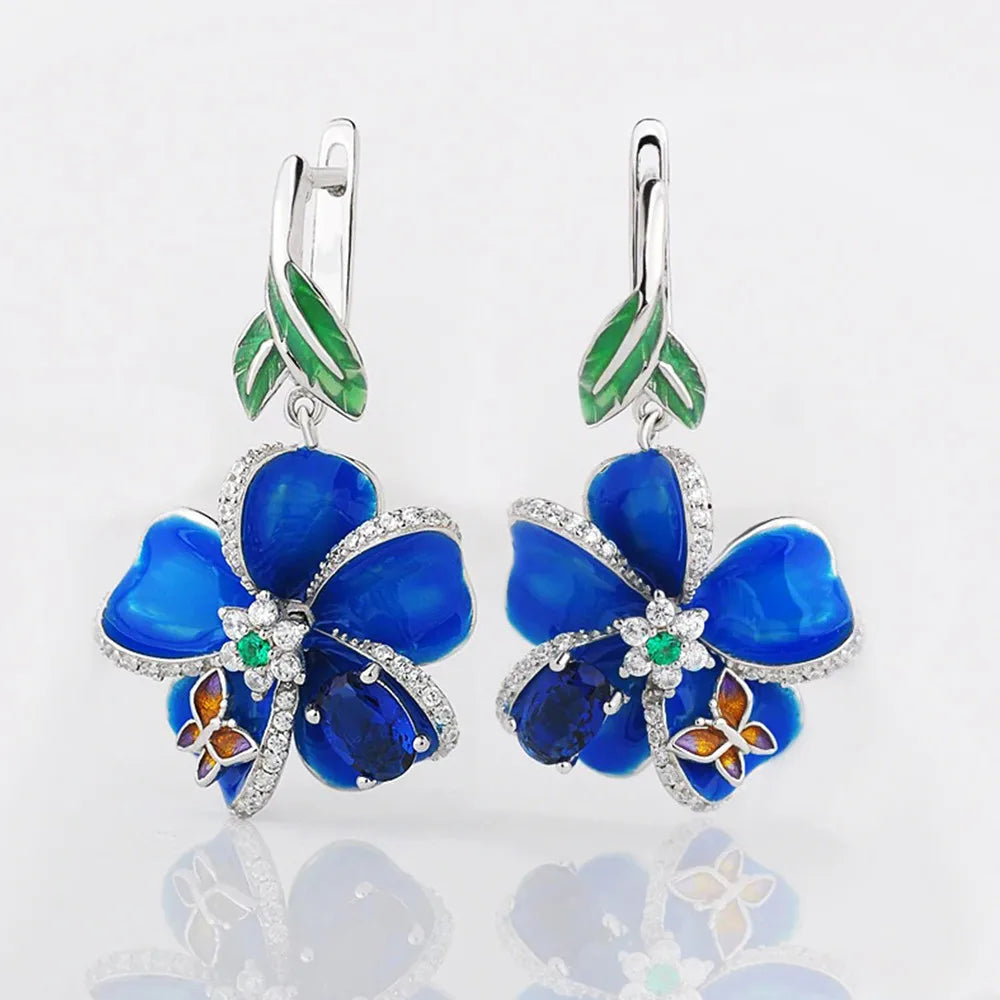 Huitan Blue Flower CZ Drop Earrings – Bridal Wedding Jewelry Drop Earrings Axl