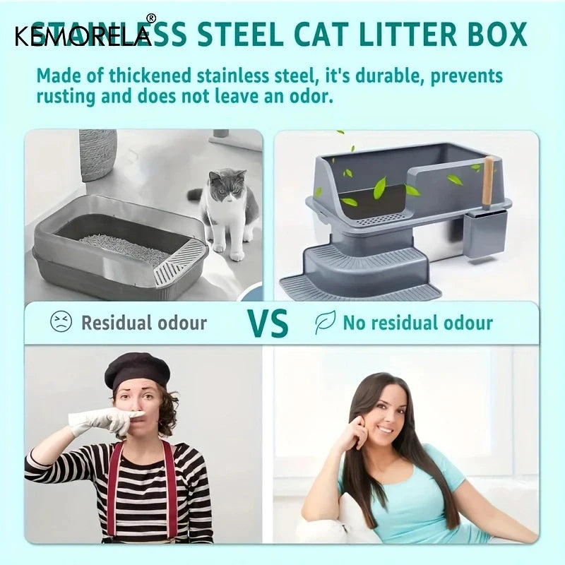KEMORELA 20L Stainless Steel Cat Litter Box with Stair Foot Pad Cat Litter Box Axl