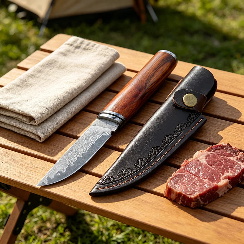 Damascus Steel Boning Knife with Leather Sheath | 7" Blade Fixed Blade Knife Axl