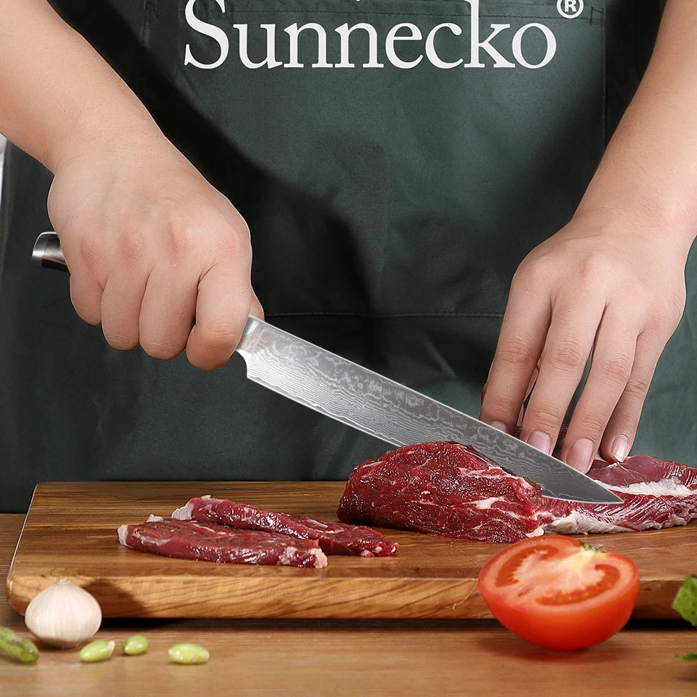 Sunnecko 8" Damascus Steel Slicing Knife – VG10 Blade Damascus Slicing Knife Axl