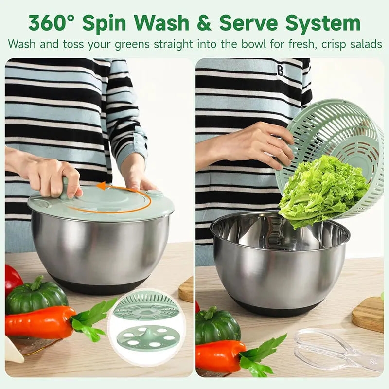PGY 5Qt Stainless Steel Salad Spinner & Slicer Set – 5 Blades Salad Spinner Set Axl