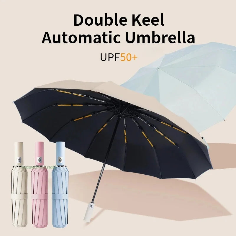 Windproof Auto 3-Fold Umbrella – 24 Rib Double Canopy UPF UV Travel Umbrella Axl