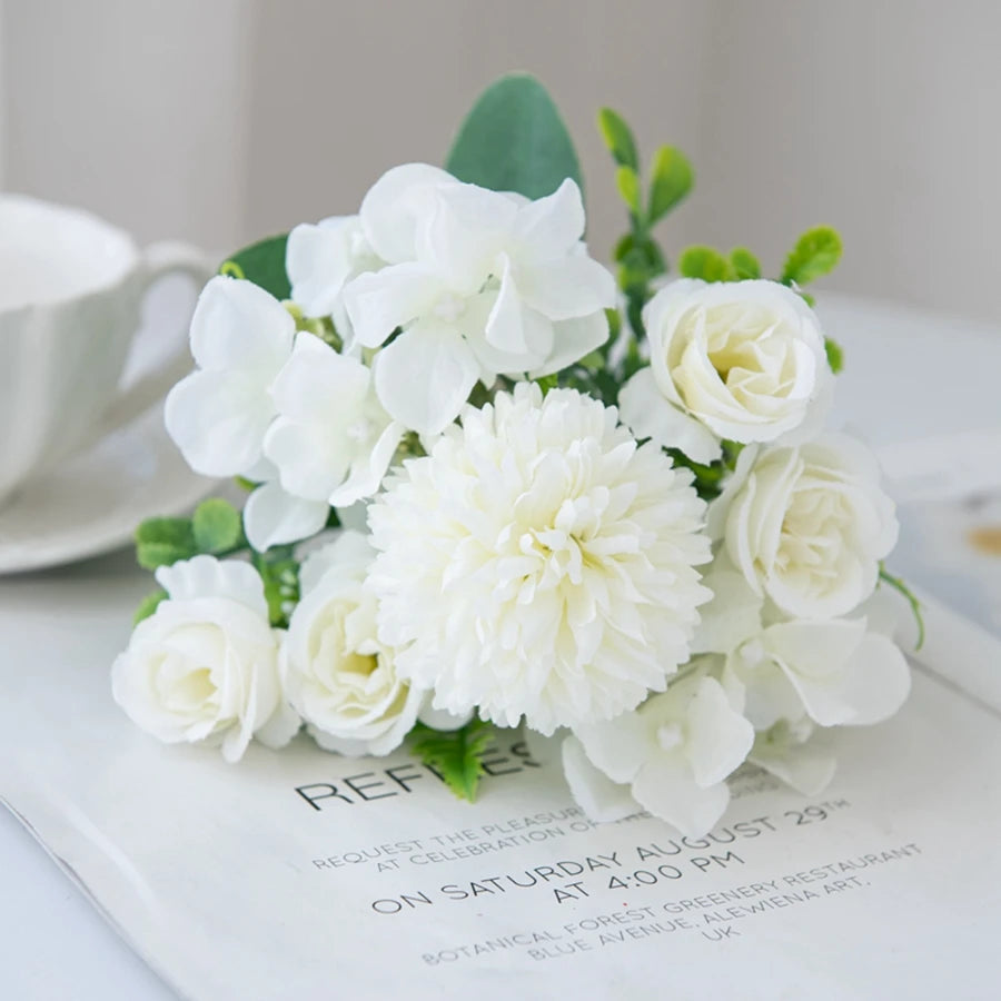 Silk Rose & Chrysanthemum Bouquet – Wedding Garden Decor Artificial Silk Bouquet Axl WHITE 2pcs