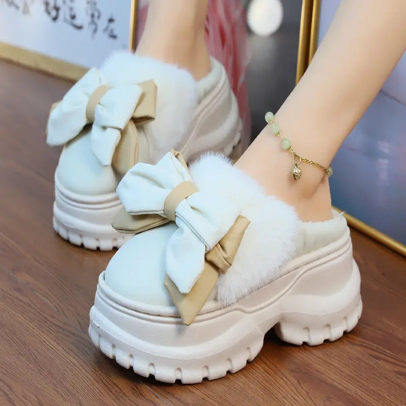 Women's Bow Plush High-Heel Slippers – Warm Winter Slides Plush Heel Slippers Axl