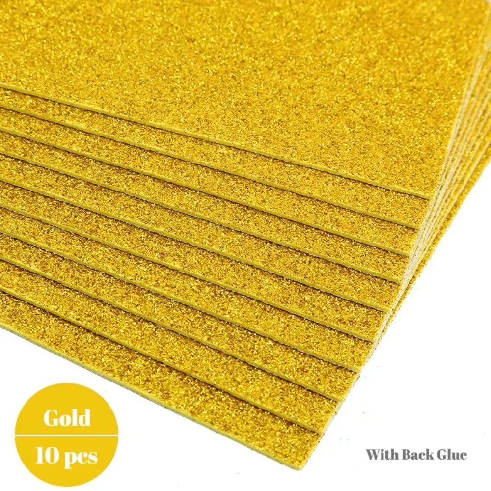 10-Pack Glitter EVA Foam Paper – Self-Adhesive A4 Craft Sheets Glitter Foam Craft Paper Axl Gold