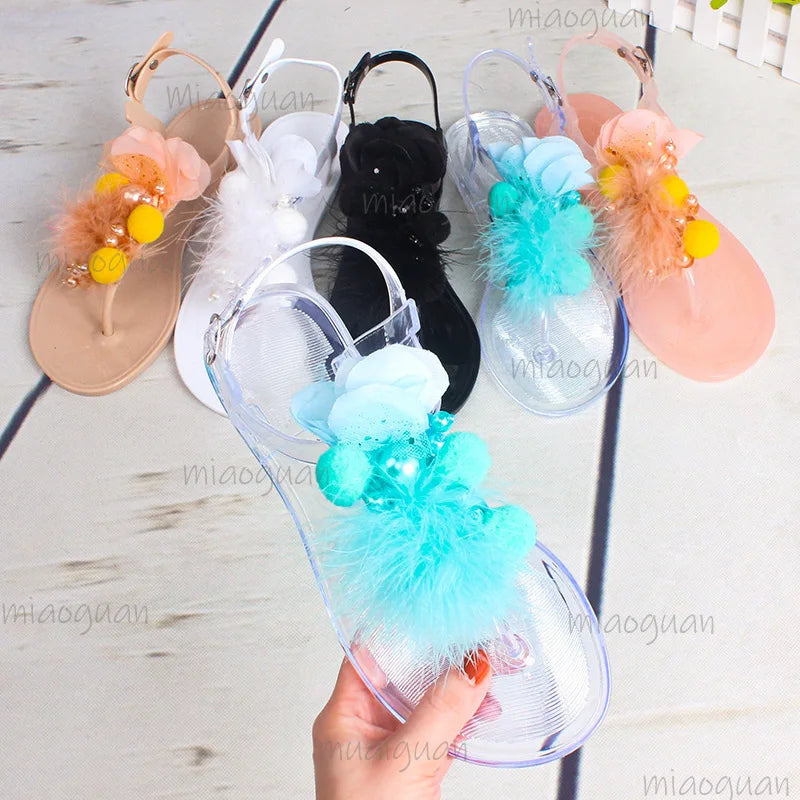 Women's Crystal Jelly Sandals – Bead Flower Clip-Toe Flats Jelly Flat Sandals Axl