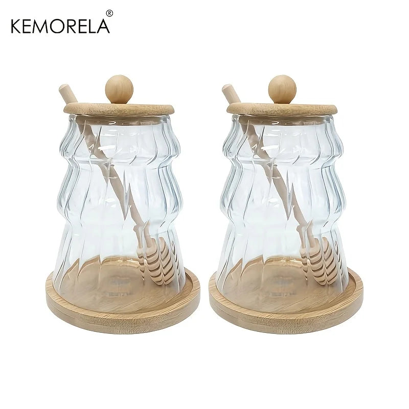 KEMORELA Glass Honey Jar Set with Wooden Stir Stick & Lid Glass Storage Jar Set Axl 2PCS