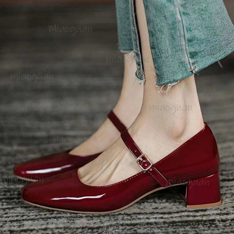 French Square Toe Mary Jane Pumps – Retro Mid-Heel Women's Shoes Mary Jane Pumps Axl