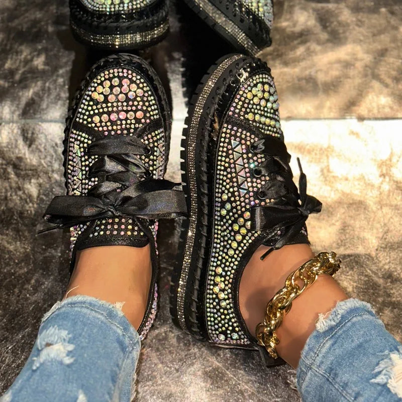 Women's Rhinestone Flat Sneakers – Luxury Casual Trainers Flat Sneakers Axl