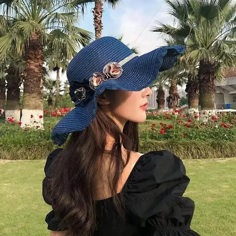 Women's Woven Floral Sun Hat – Breathable Summer Beach Hat Woven Sun Hat Axl Navy blue