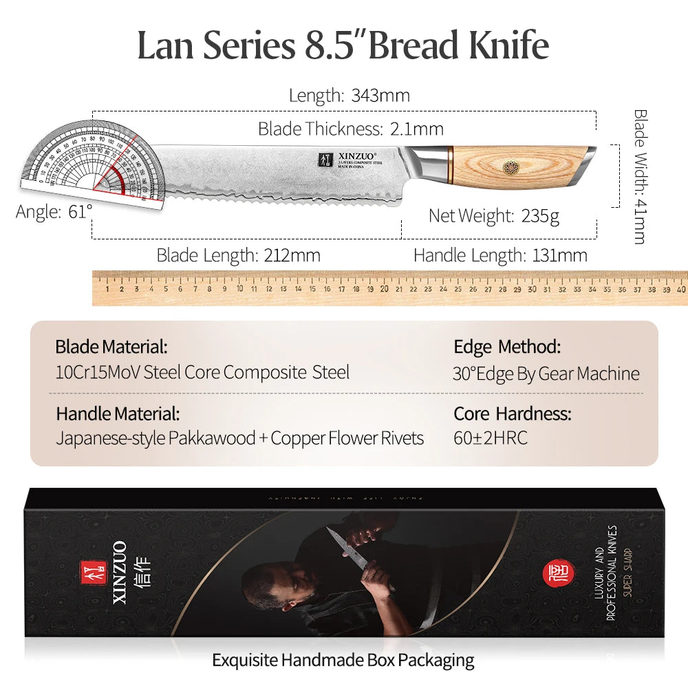 XINZUO 8.5" Bread Knife – 3-Layer Steel & Pakkawood Handle Bread Knife Axl
