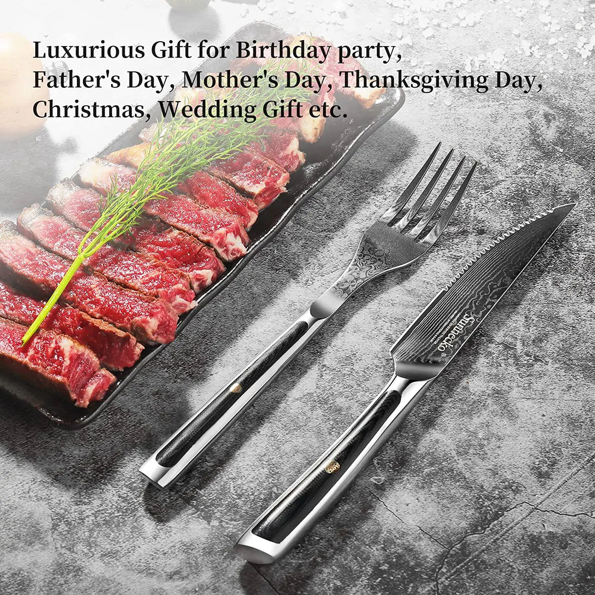 Sunnecko 73-Layer Damascus VG10 Steak Knife & Fork Set Steak Knife Set Axl