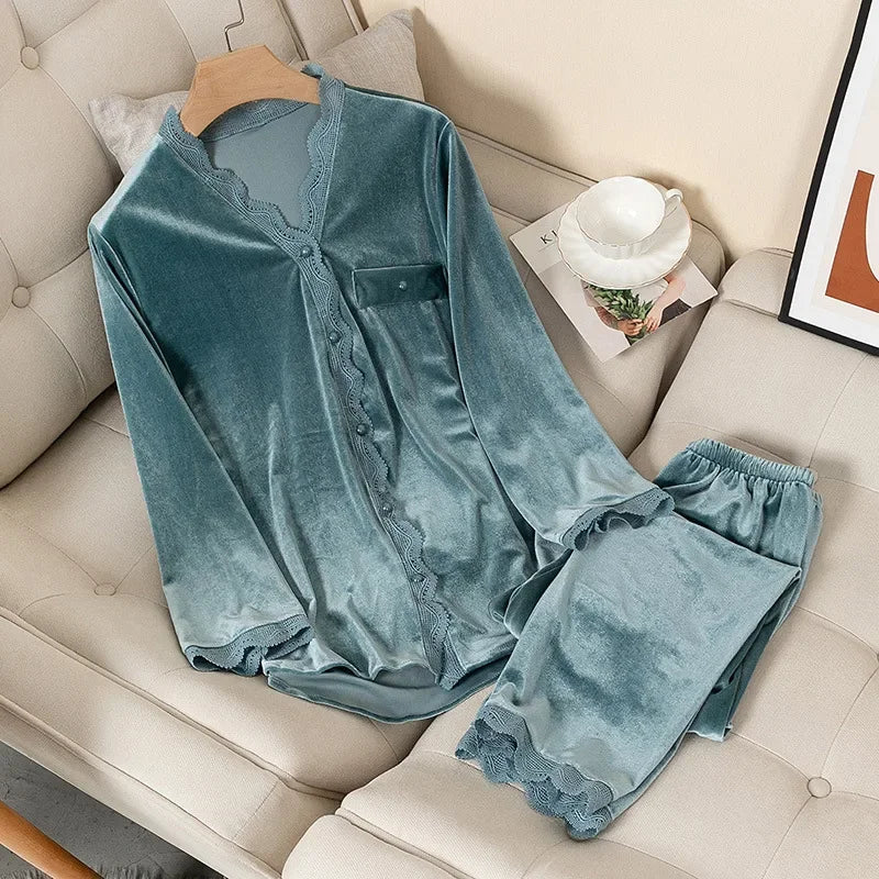 Women's Velvet Pajama Set – Long Sleeve Lace Trim Sleepwear Velvet Pajama Set Axl blue-1 M