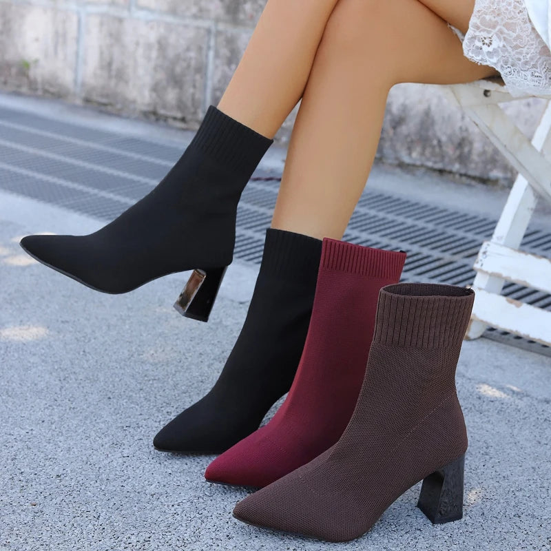 Women's Knitted Sock Ankle Boots | Pointed Toe Square Heel Sock Ankle Boots Axl