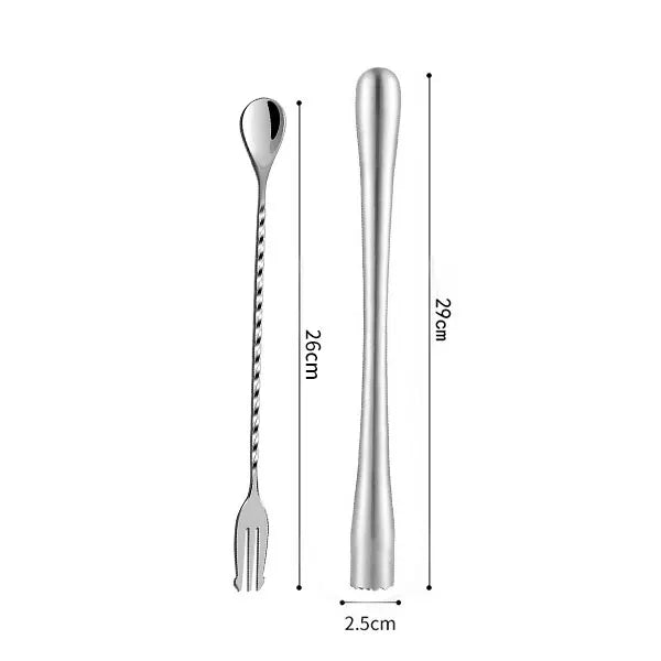 PGY Stainless Steel Cocktail Muddler & Bar Mixing Spoon Set Cocktail Bar Tool Set Axl C 29cm