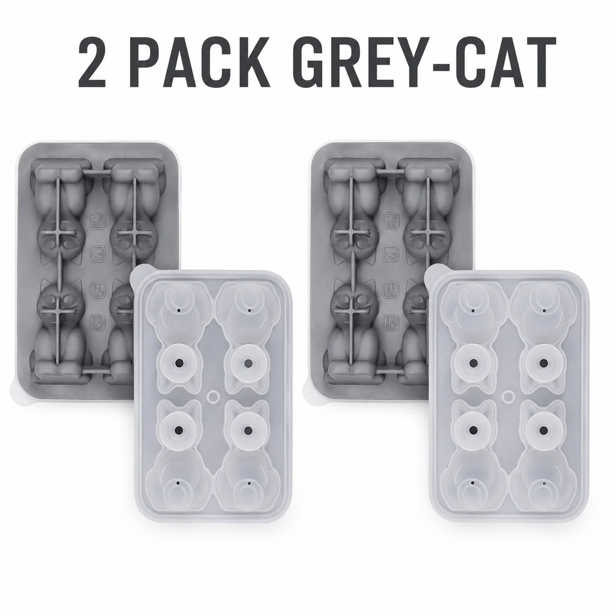4-Cavity 3D Cat Silicone Ice Cube Tray Mold with Funnel Silicone Ice Cube Mold Axl 2 Pack Grey-Cat