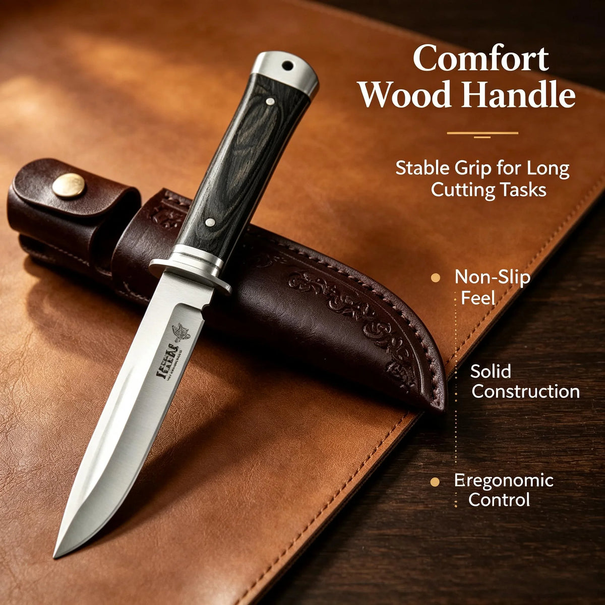 Stainless Steel Kitchen Knife with Leather Sheath | Wood Handle Kitchen Knife Set Axl
