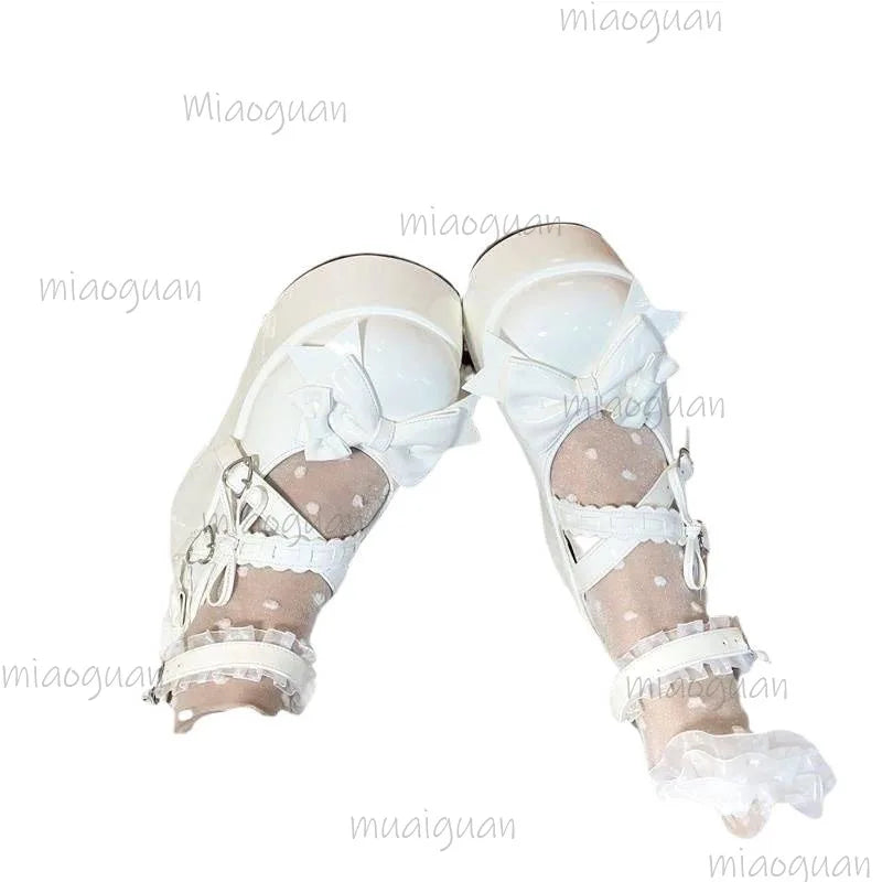 Women's Lace Bowknot Platform Mary Jane Shoes | Heart Buckle Platform Mary Janes Axl