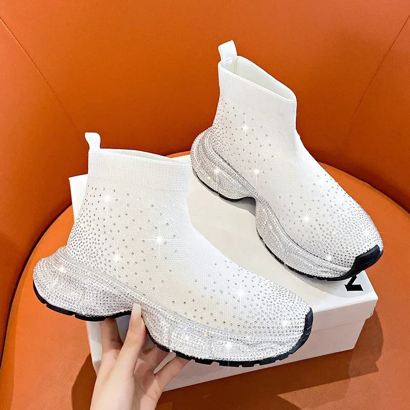 Women's Rhinestone Knit Wedge Mid-Calf Boots | Platform Sock Boot Platform Wedge Boots Axl WHITE 36