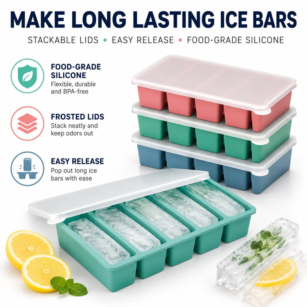 Silicone Long Ice Stick Tray with Lid – Oven Safe, Stackable Silicone Ice Tray Axl