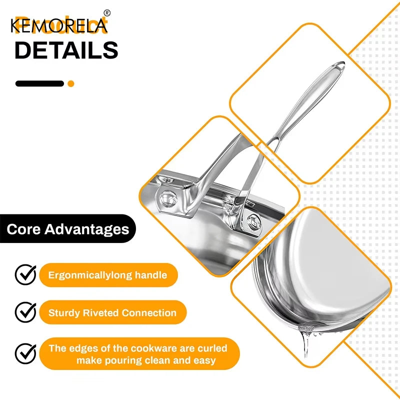 KEMORELA Tri-Ply 304 Stainless Steel Frying Pan | Induction Ready Stainless Steel Skillet Axl