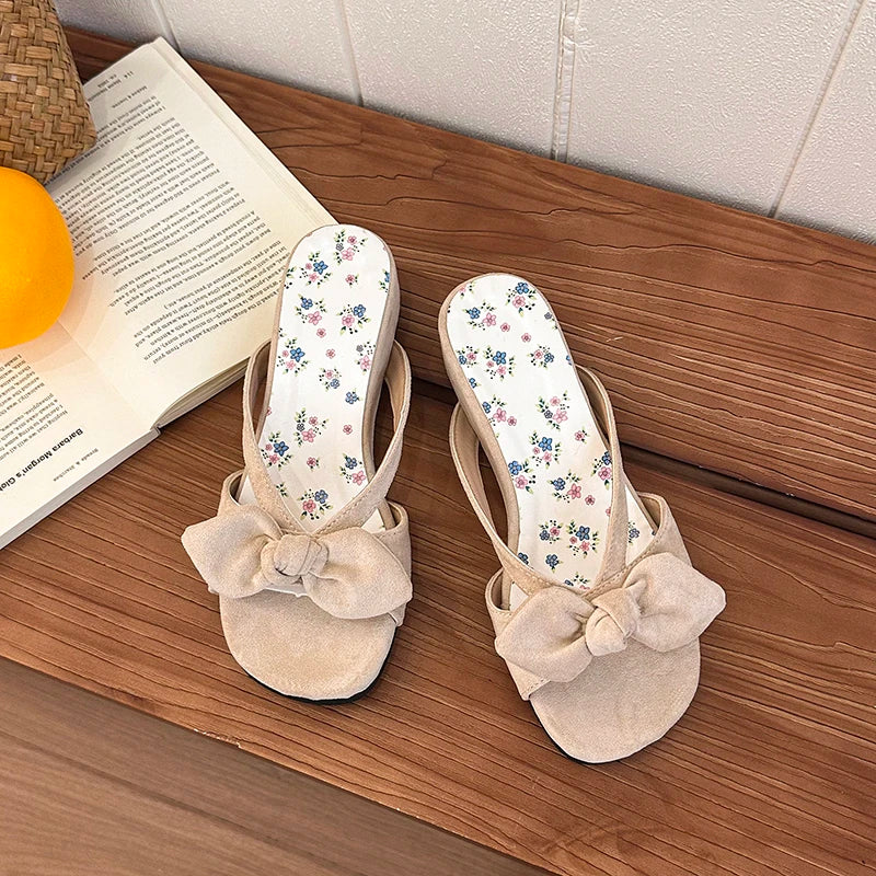 Women's Floral Butterfly-Knot Wedge Slides | Summer Dress Slippers Wedge Slide Sandals Axl Beige 35