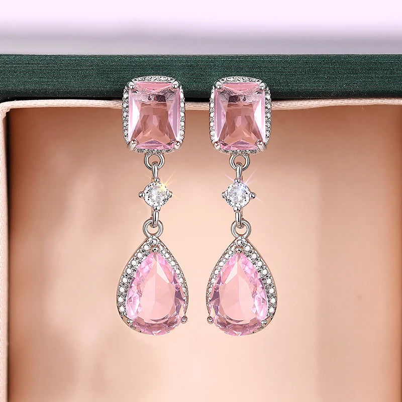Huitan Pink & Yellow CZ Pear Dangle Earrings for Women CZ Dangle Earrings Axl