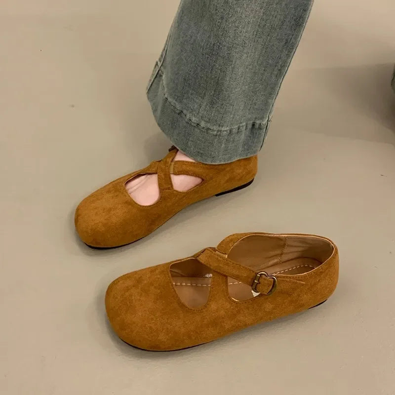 Women's Retro Faux Suede Flat Loafers | Buckle Strap Square Toe Flat Loafers Axl