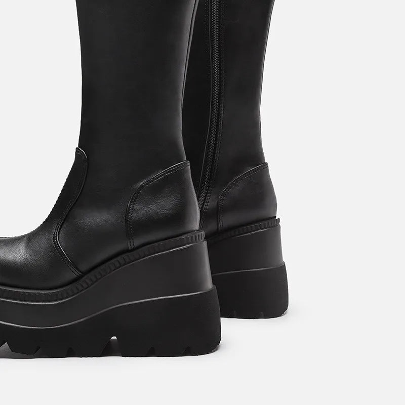 Women's Punk Platform Mid-Calf Boots – Gothic Wedge Motorcycle Platform Motorcycle Boots Axl