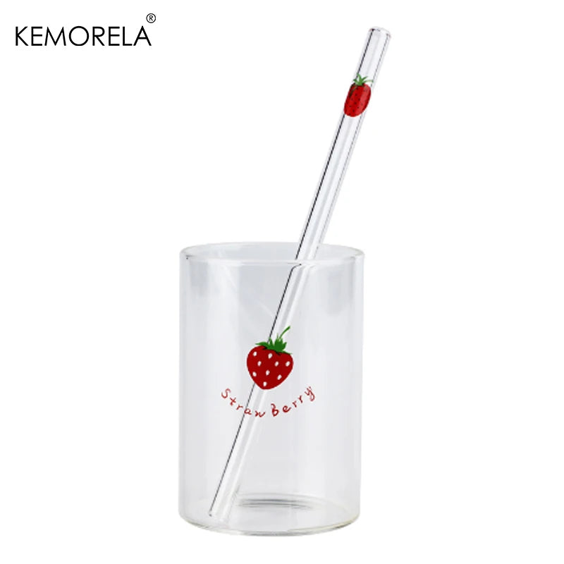 KEMORELA 300ml Cute Glass Cup – Strawberry Orange Design Glass Drinkware Cup Axl C 301-400ml
