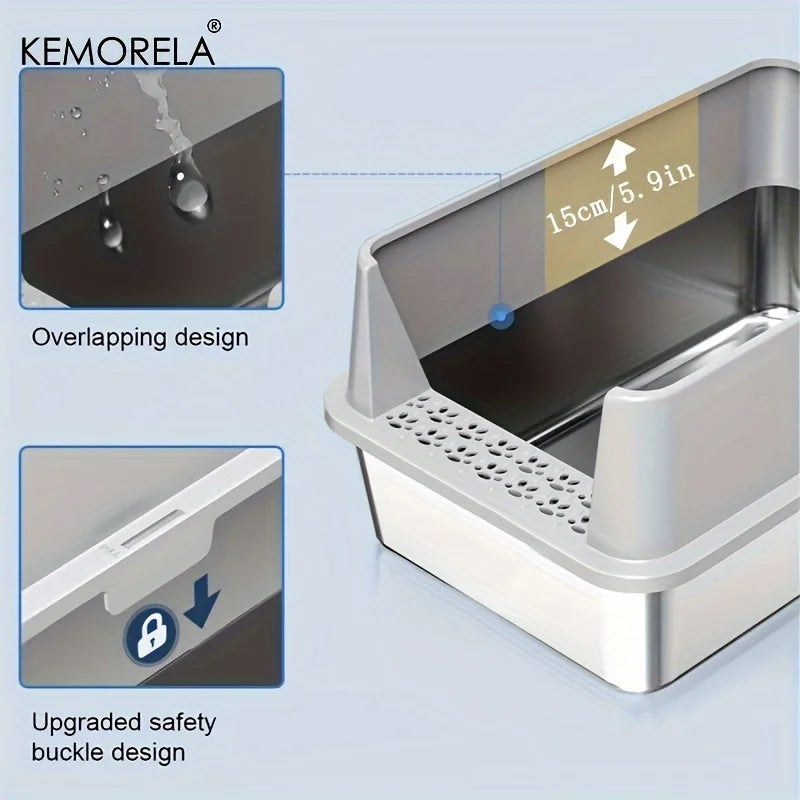 KEMORELA XL Stainless Steel Cat Litter Box with Lid & Scoop Cat Litter Box Axl