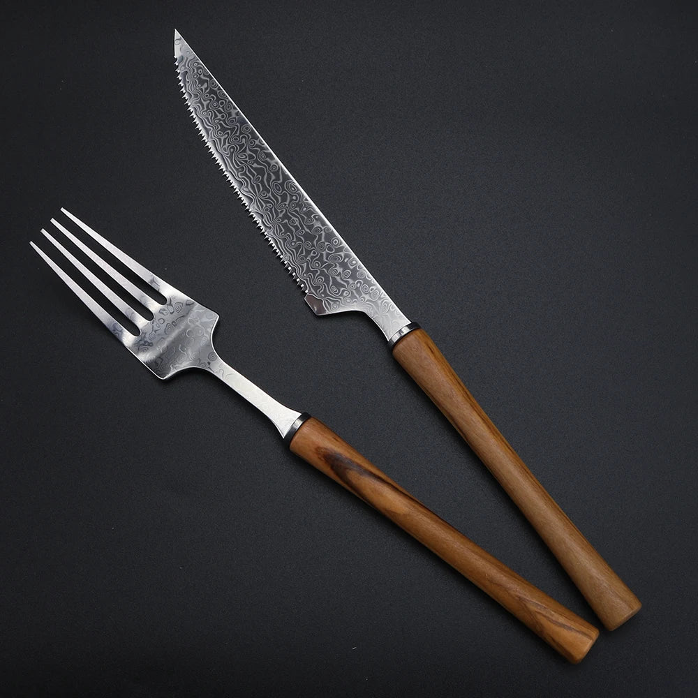 Damascus Stainless Steel Steak Knife & Fork Set | Western Cutlery Steak Cutlery Set Axl