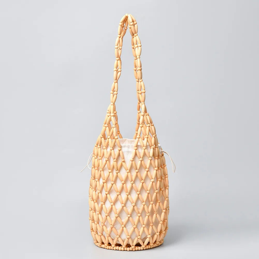 Women's Woven Wooden Bead Tote Bag – Hollow-Out Bucket Shoulder Woven Tote Bag Axl Yellow