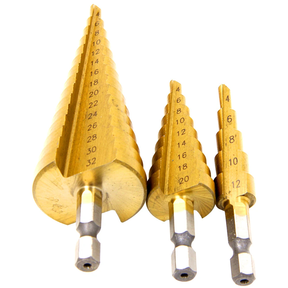 3-Piece Titanium Step Drill Bit Set – 4-12/4-20/4-32mm Hex Step Drill Bit Set Axl