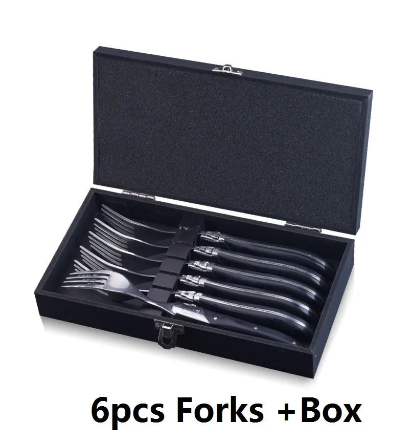 Laguiole Steak Knives Set – Black Wood Handle Stainless Steel Steak Knife Set Axl 6pcs fork box