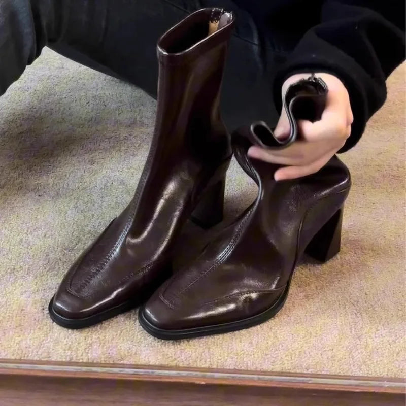 Women's Thick Heel Ankle Boots – Retro Square Toe High Heels Ankle Boots Axl