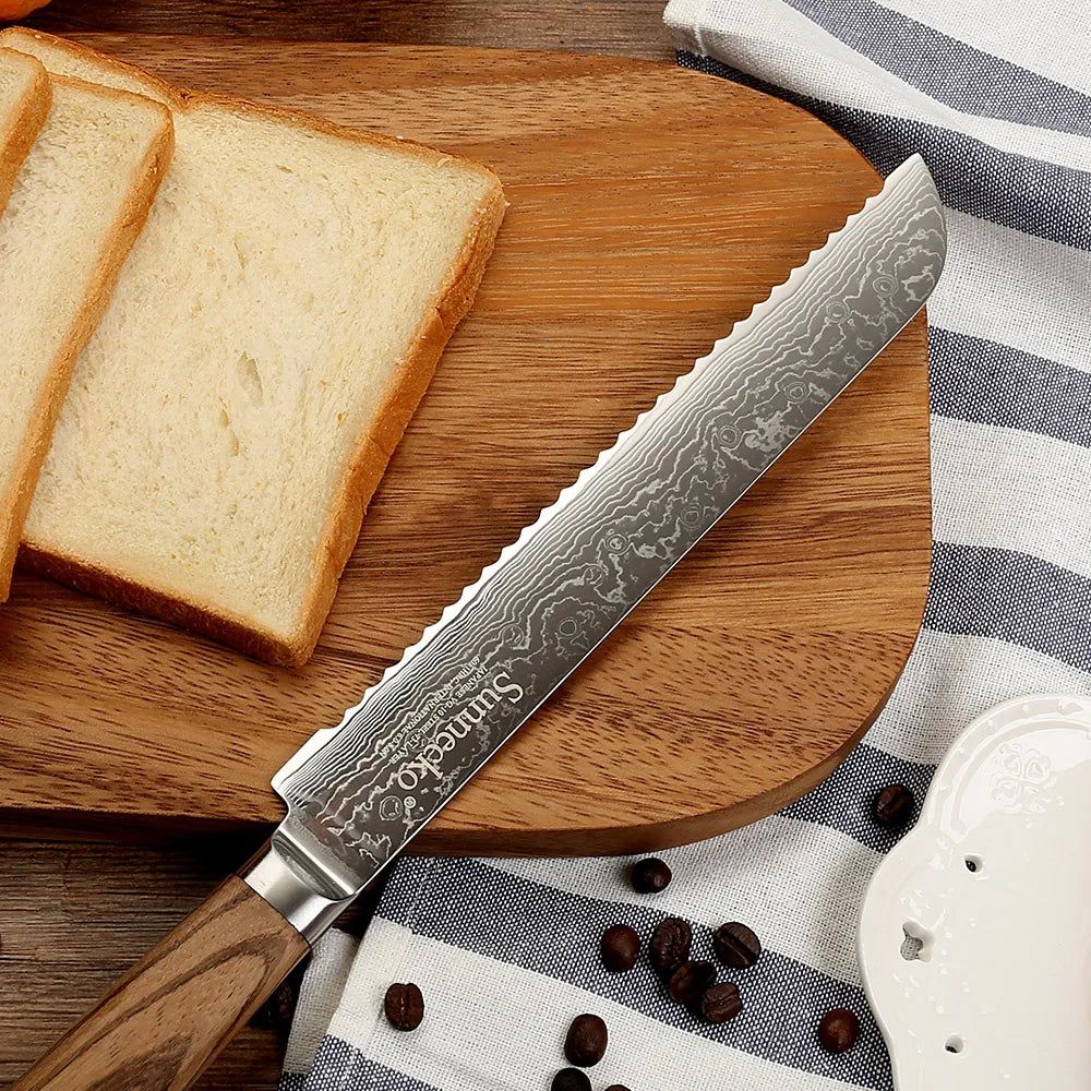 Sunnecko 8" Damascus Bread Knife – 73-Layer VG10 Steel Damascus Bread Knife Axl