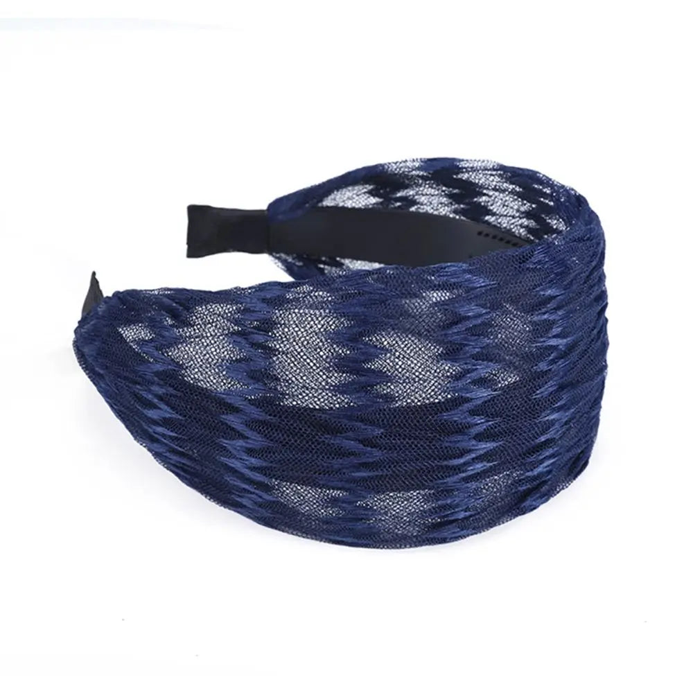 Korean Wide Chiffon Headband – Retro Toothed Hair Hoop for Women Chiffon Hair Headband Axl navy blue
