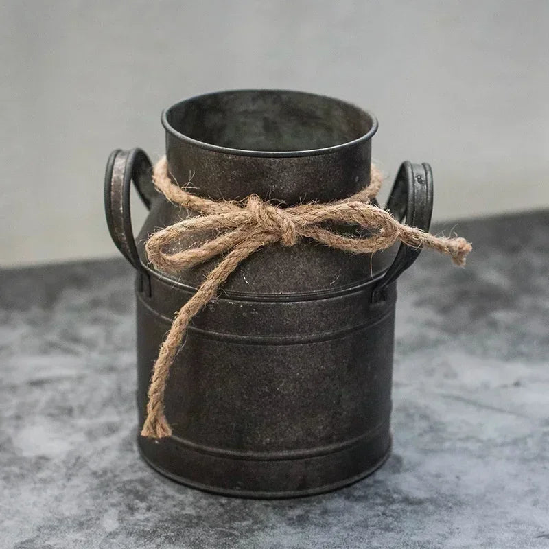 Retro Iron Milk Jug Vase – Vintage Rustic Tin Flower Pot Decor Decorative Vase Axl