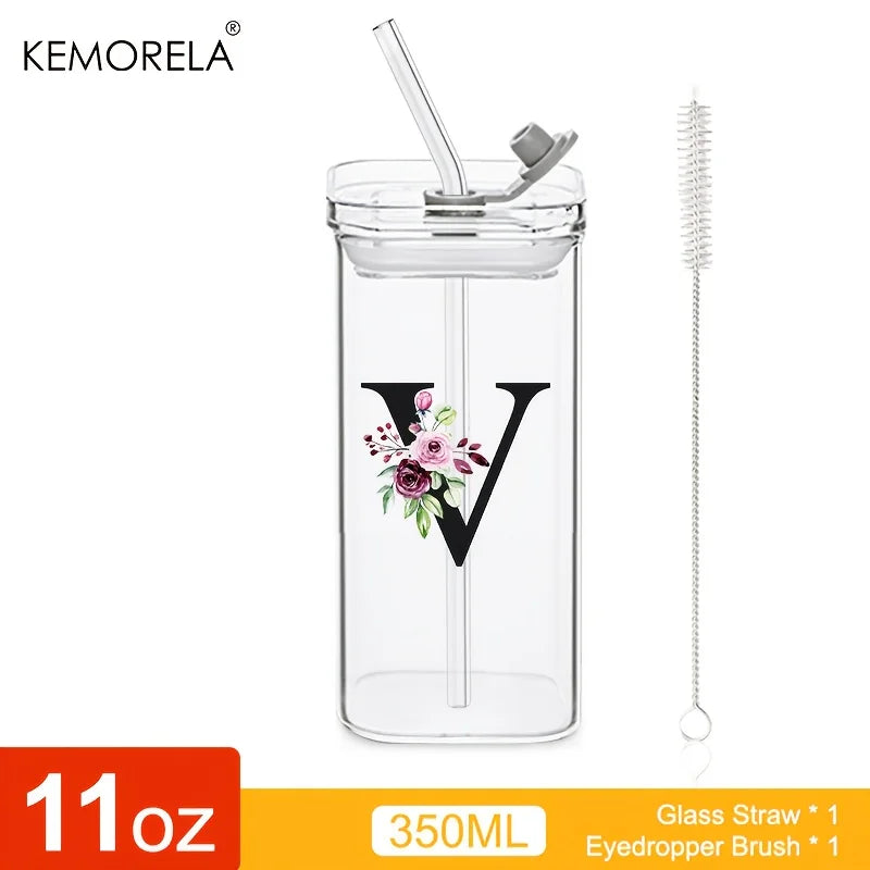KEMORELA 300ml Letter-Shaped Glass Tumbler with Lid & Straw Glass Tumbler Axl V 300ML