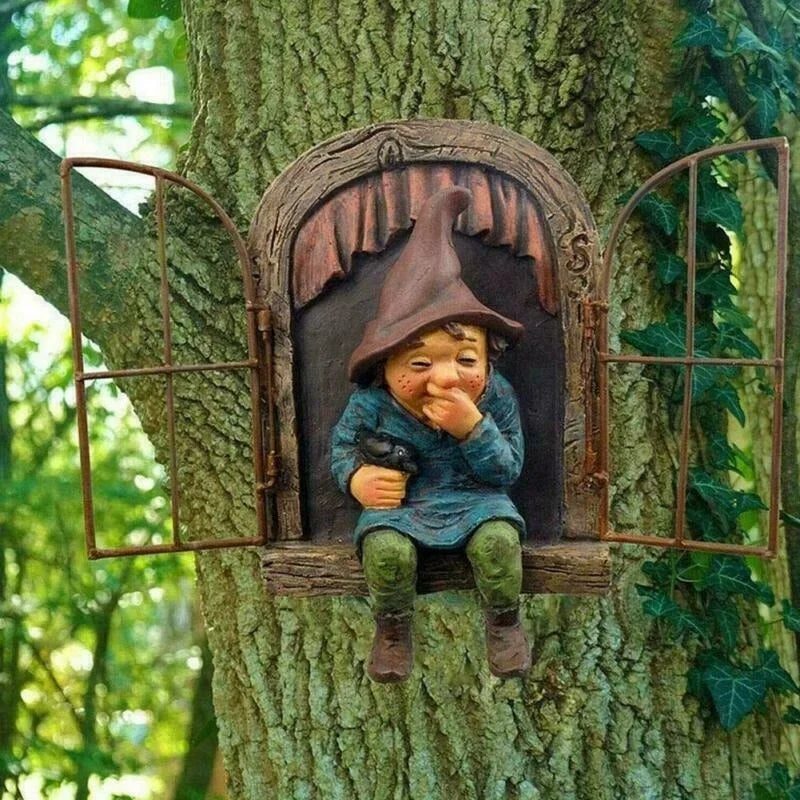 Funny Gnome Elf Peeking Door Statue | Outdoor Garden Figurine Garden Gnome Statue Axl