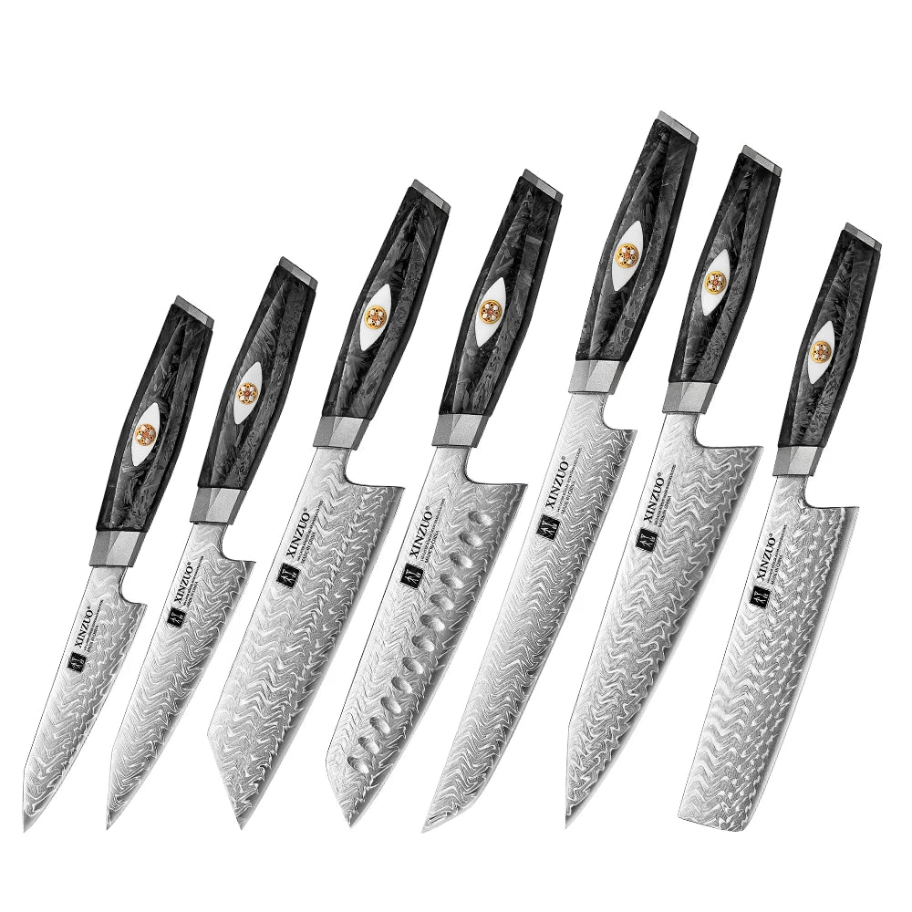 XINZUO Damascus Knife Set 2–7 PC | 145-Layer M390 Steel & Carbon Fiber Damascus Knife Set Axl 7PCS Knife Set
