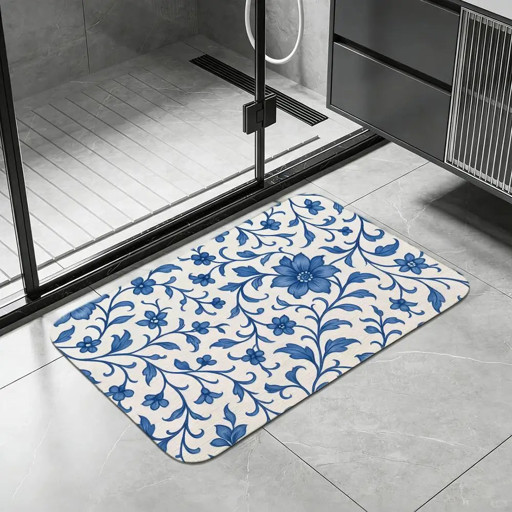 Portuguese Blue Tile Diatomite Bath Mat | Quick Dry Non-Slip Diatomite Bath Mat Axl White2 50x80cm