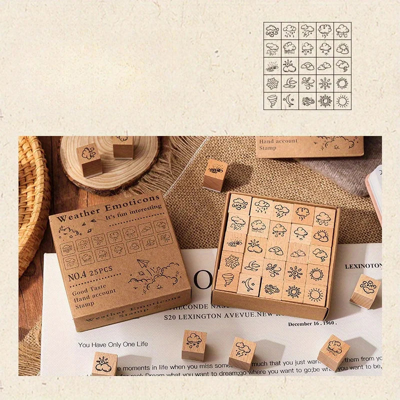 25 Pcs Retro Botanical Wooden Stamps – DIY Scrapbook & Journal Wooden Stamp Set Axl C