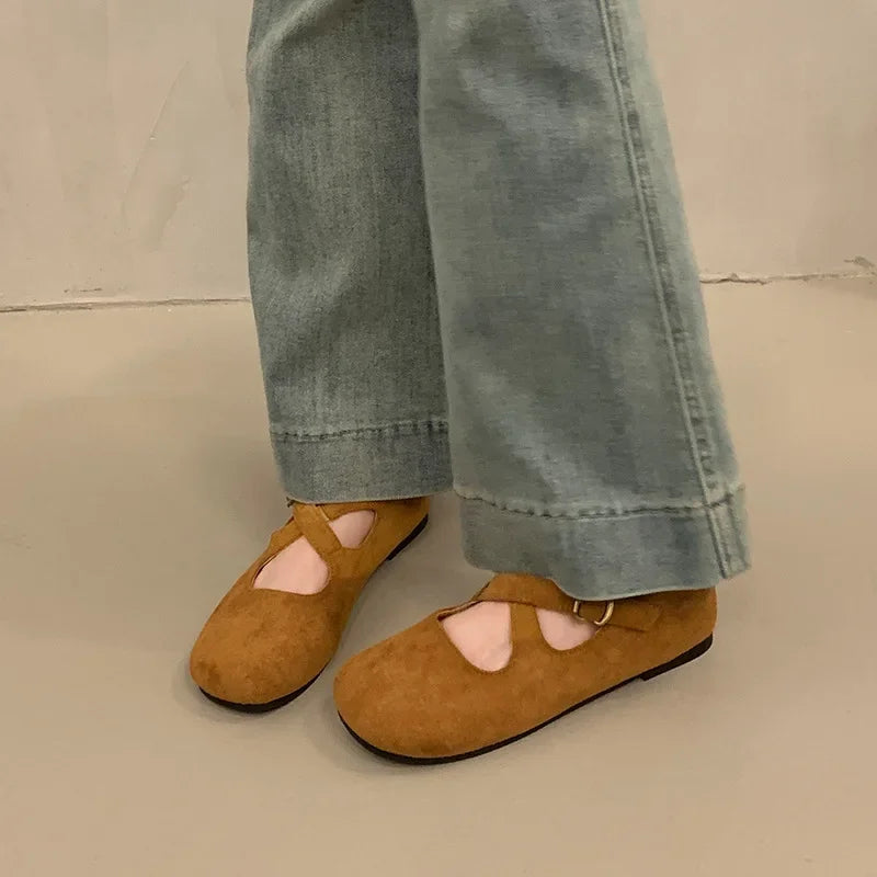 Women's Retro Faux Suede Flat Loafers | Buckle Strap Square Toe Flat Loafers Axl