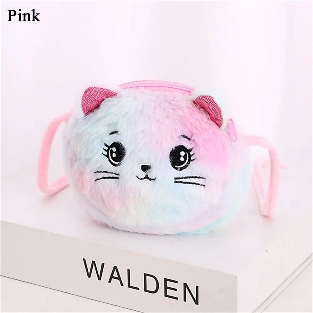 Rainbow Cat Plush Messenger Bag for Kids – Cute Mini Shoulder Purse Kids Plush Purse Axl pink