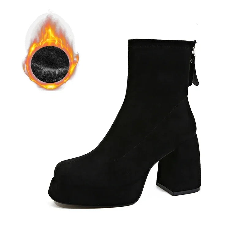 Women's Square Heel Ankle Boots – Warm Winter Short Booties Ankle Boots Axl Black fur 40