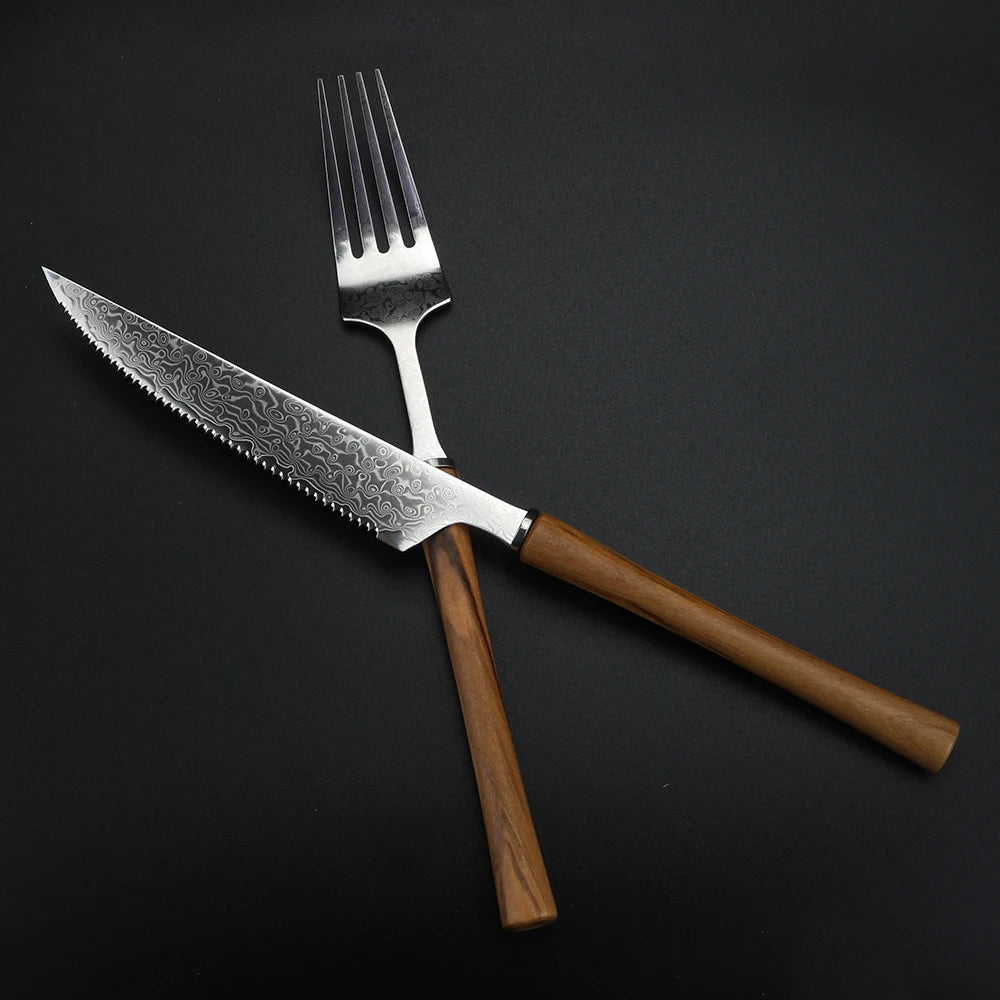 Damascus Stainless Steel Steak Knife & Fork Set | Western Cutlery Steak Cutlery Set Axl