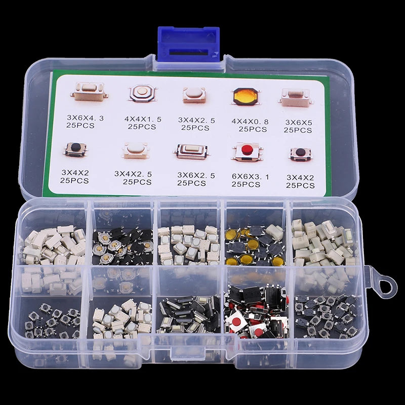 250Pcs Tactile Push Button Switch Kit – 10 Types Microswitch Microswitch Assortment Kit Axl