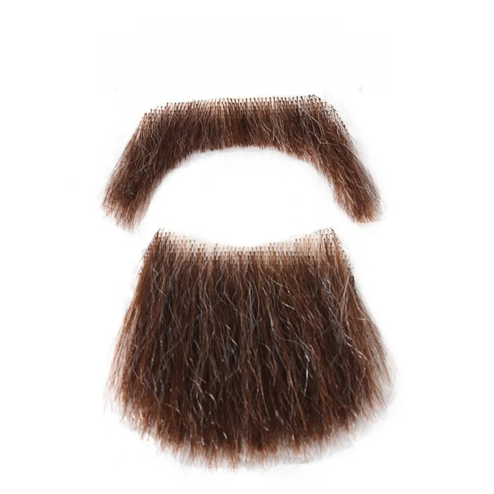 Human Hair Lace Fake Beard & Mustache – Cosplay & Stage Costume Facial Hair Axl brown-A-1set